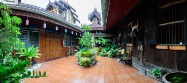 PHAYAO, THAILAND - August 13, 2020 : Pamorama of Lanna style building in Wat Nantaram, Phayao province.