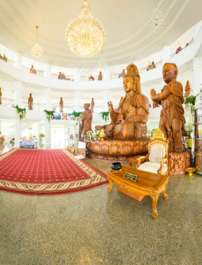 CHIANG RAI, THAILAND - July 19, 2020 : Panorama View of Wooden Guanyin Statue in Huay Pla Kang Temple, Chiangrai Province.