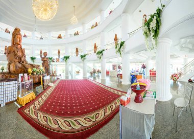 CHIANG RAI, THAILAND - July 19, 2020 : Panorama View of Wooden Guanyin Statue in Huay Pla Kang Temple, Chiangrai Province.