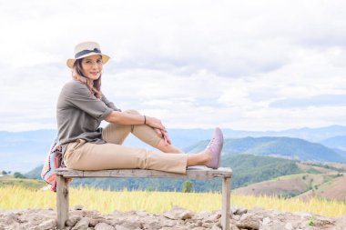 Asian Woman with Rice Field Background at Pa Bong Piang Rice Terraces, Chiangmai Province.