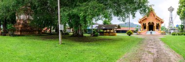 CHIANG RAI, THAILAND - July 18, 2020 : Panorama View of Wat Phra That Song Pee Nong in Chiang Saen District, Chiang Rai Province.