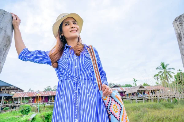 Thai Girl Blue Dress Park Background Nan Province — Foto de Stock