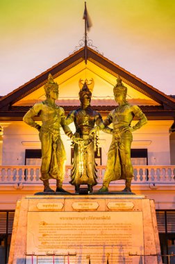 CHIANG MAI, THAILAND - April 10, 2020 : Three Kings Monument at Evening, Thailand.