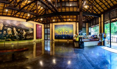 CHIANG RAI, THAILAND - July 18, 2020 : Panorama view of memorial pavilion in Thamluang Khunnam Nangnon National Park, Chiang Rai province.