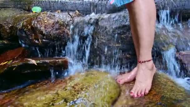 Mädchenbeine Stehen Auf Felsen Einem Kleinen Bach Der Provinz Chiang — Stockvideo