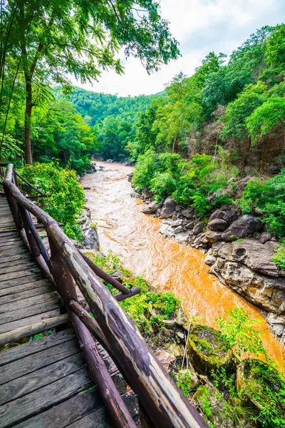 Kahverengi su, Tayland 'daki Ob Luang Ulusal Parkı' nda ahşap geçitle akıyor..