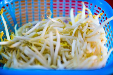 Mavi sepetteki çiğ fasulye filizi, bu taze sebze genellikle Tayland yemeğiyle yenir..