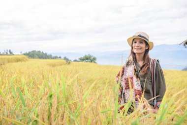 Asian Woman with Pa Bong Piang Rice Terraces at Chiang Mai Province, Thailand.
