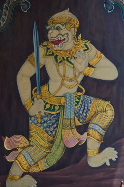 Hanuman kamu duvarına resim çiziyor, Tayland.