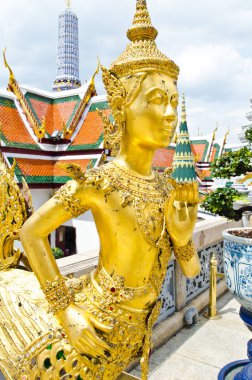 Bangkok, Tayland 'daki Wat Phra Kaew' daki Altın Kinnari heykeli..