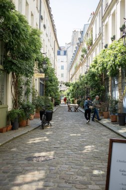 Cour Damoye. Paris 'te Bastille yakınlarında bir koridor. Küçük şirin yaya sokağı. 14 Rue Daval, Paris. Yüksek kalite fotoğraf