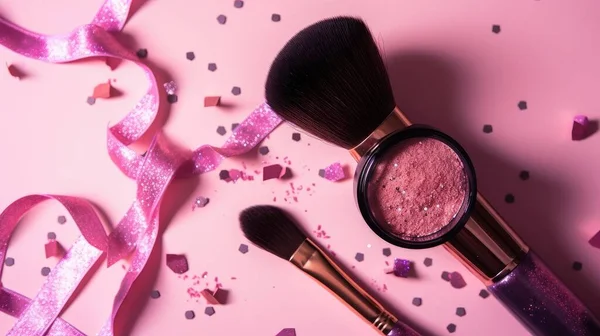 Two different cosmetic makeup brushes with pink ribbon and scattered powder on a white background. The soft bristles and shiny metal handles make them ideal for applying foundation, blush, or eyeshadow.