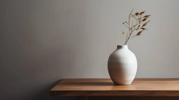 A Serene Minimalist Scene A White Vase on a Wooden Table
