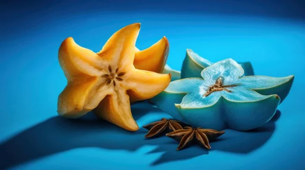 Shining Stars Sliced Star Fruit on a Beautiful Blue Background