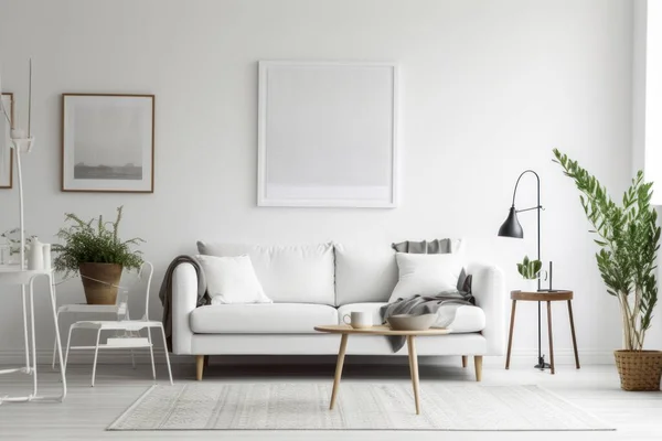 Minimalistic Haven: The Art of Simplistic Living in a White Living Room with a Blank Frame