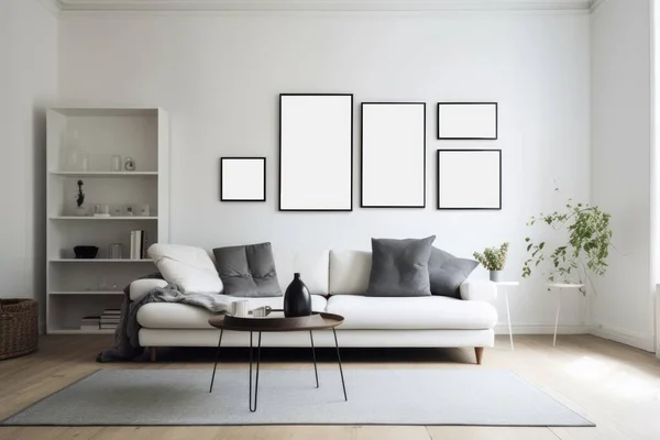 Pure Serenity: The Art of Living Simply in a White Living Room with a Blank Frame