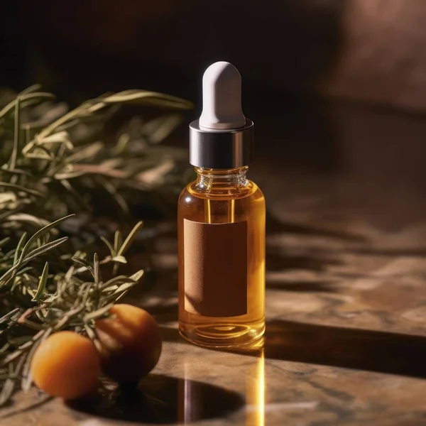 Radiant Skin The Magic of a Bottle of Facial Oil Next to a Fresh Rosemary Plant