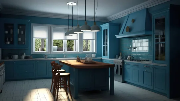 Modern Blue Kitchen Design - 3D Render with Paint-It-All Blue Theme