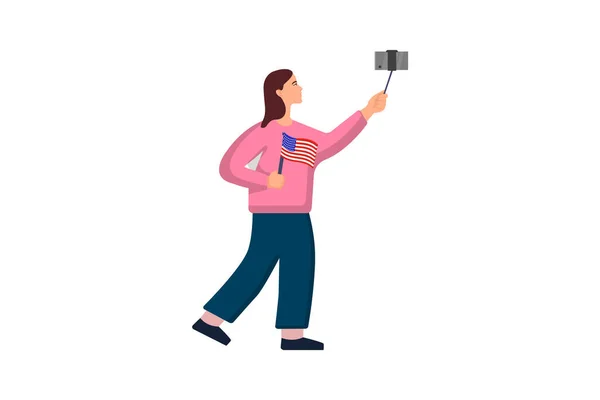Przechwytywanie Amerykańskiej Dumy Kobieta Fotografująca Flagę Usa — Wektor stockowy