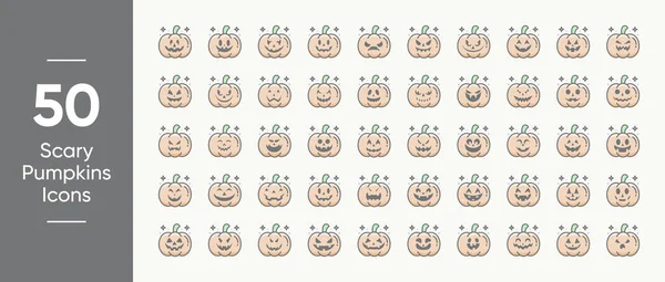 Effrayant Halloween Citrouilles Ligne Contour Couleur Icônes Pack — Image vectorielle