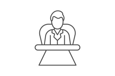 Dizüstü bilgisayarı ve megafon hattı ikonu olan bir iş adamı. Dizüstü bilgisayarı ve tablet ekranı olan bir iş adamı. Beyaz arkaplanda izole edilmiş vektör çizgisi çizimi