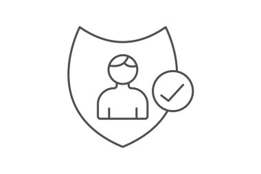 İşaretleme çizgisi simgesi olan güvenlik kalkanı, ana hat vektör işareti, beyaz üzerine izole edilmiş doğrusal resim. Güvenlik kalkanı sembolü, logo illüstrasyonu.