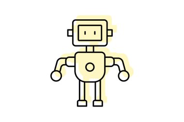 Şirin yüzü ve basit vücut çizimi olan robot karakterin vektör çizimi. Beyaz renkte izole edilmiş. düz çizgi film vektör biçimi.