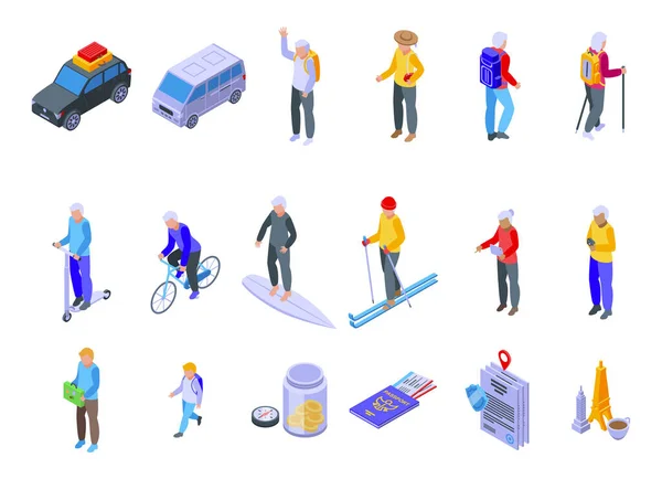 Retirement travel icons set isometric vector. Safety insurance. Health life