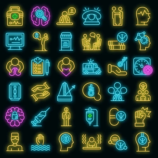 Supporting mental health icons set. Outline set of supporting mental health vector icons neon color on black