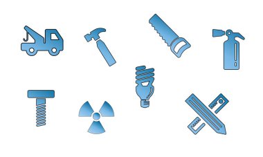 tools and equipment icons in gradient color - tow-truck, hammer, saw, fire-extinguisher, bolt, radio-active, energy-savings, calculations.