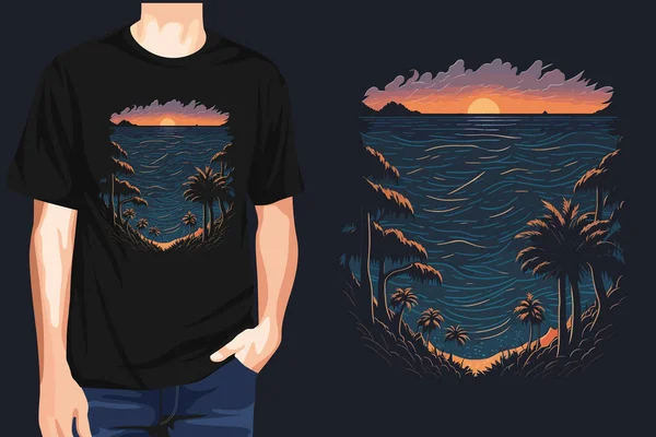 サンセットと海のヴィンテージレトロTシャツデザインナチュラルグラフィックベクトルイラスト — ストックベクタ