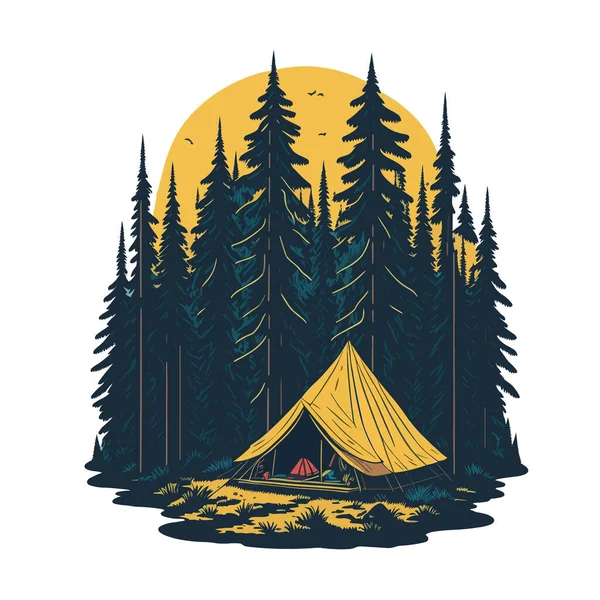 Tenda Campeggio Nella Foresta Illustrazione Vettoriale Stile Retro — Vettoriale Stock