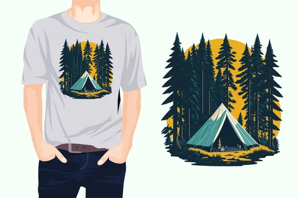 Tienda Campaña Bosque Diseño Camiseta Vectorial — Vector de stock