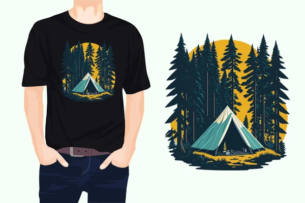 森の中でテントをキャンプ ベクトルTシャツデザイン — ストックベクタ