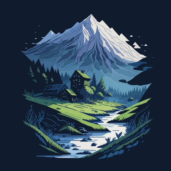 Paysage Montagneux Avec Lac Forêt Montagnes Illustration Vectorielle — Image vectorielle