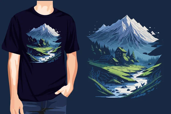 Shirt Design Met Bergen Rivier Bos Vectorillustratie — Stockvector
