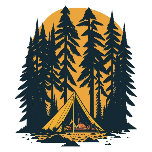 Camping Tente Dans Forêt Illustration Vectorielle Dans Style Rétro — Image vectorielle
