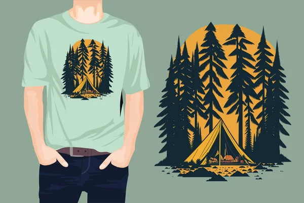 Σκηνή Κάμπινγκ Στο Δάσος Σχεδιασμός Διανυσματικών Shirt — Διανυσματικό Αρχείο
