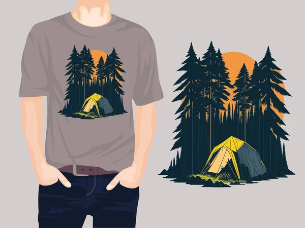 Палатка Лесу Векторный Дизайн Футболки — стоковый вектор