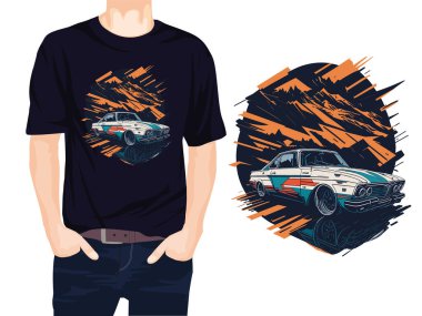 Dağların arkaplanındaki Retro araba t-shirt tasarım vektörü illüstrasyonu