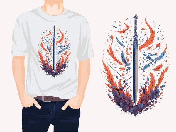 中世の剣羽のTシャツのデザインベクトルイラスト — ストックベクタ