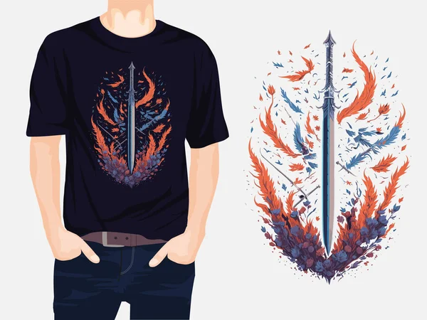 中世の剣羽のTシャツのデザインベクトルイラスト — ストックベクタ