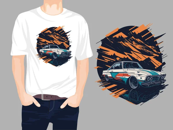 Retro Car Background Mountains Shirt Design Vector Illustration — Stock Vector