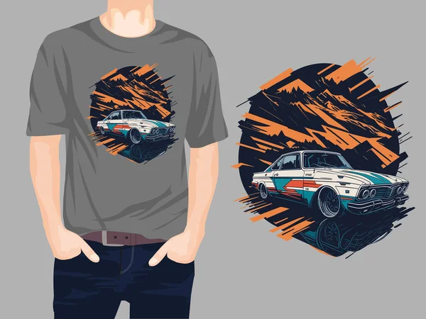 山の背景にレトロな車のTシャツデザインベクトルイラスト — ストックベクタ