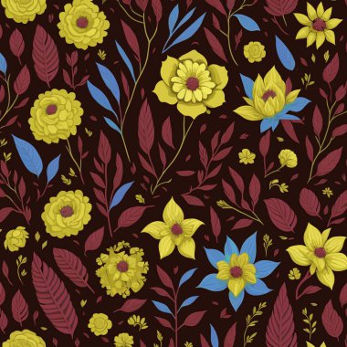 Koyu arkaplanda yaprakları ve çiçekleri olan kusursuz desen.