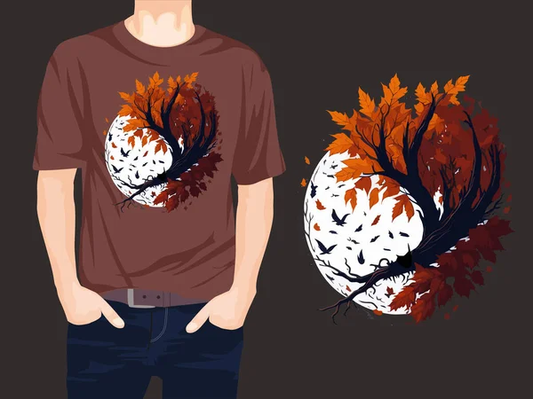 秋は木 コウモリで葉します ベクトルイラストTシャツデザイン — ストックベクタ