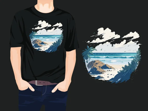 ヤシの木や岩と熱帯のビーチ ベクトルイラストTシャツデザイン — ストックベクタ