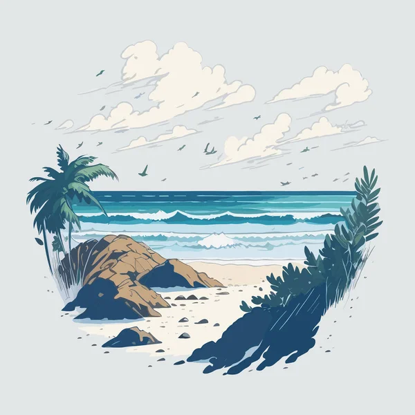 Spiaggia Tropicale Con Palme Rocce Disegno Shirt Illustrazione Vettoriale — Vettoriale Stock