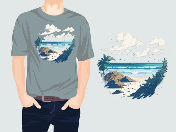 ヤシの木や岩と熱帯のビーチ ベクトルイラストTシャツデザイン — ストックベクタ
