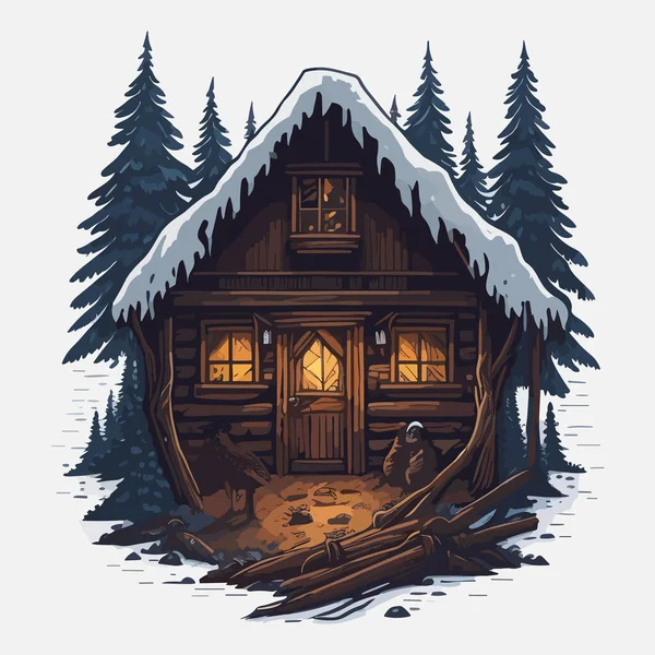 Ξύλινο Εξοχικό Σπίτι Στο Χειμώνα Δάσος Shirt Σχεδιασμό Διάνυσμα Εικονογράφηση — Διανυσματικό Αρχείο
